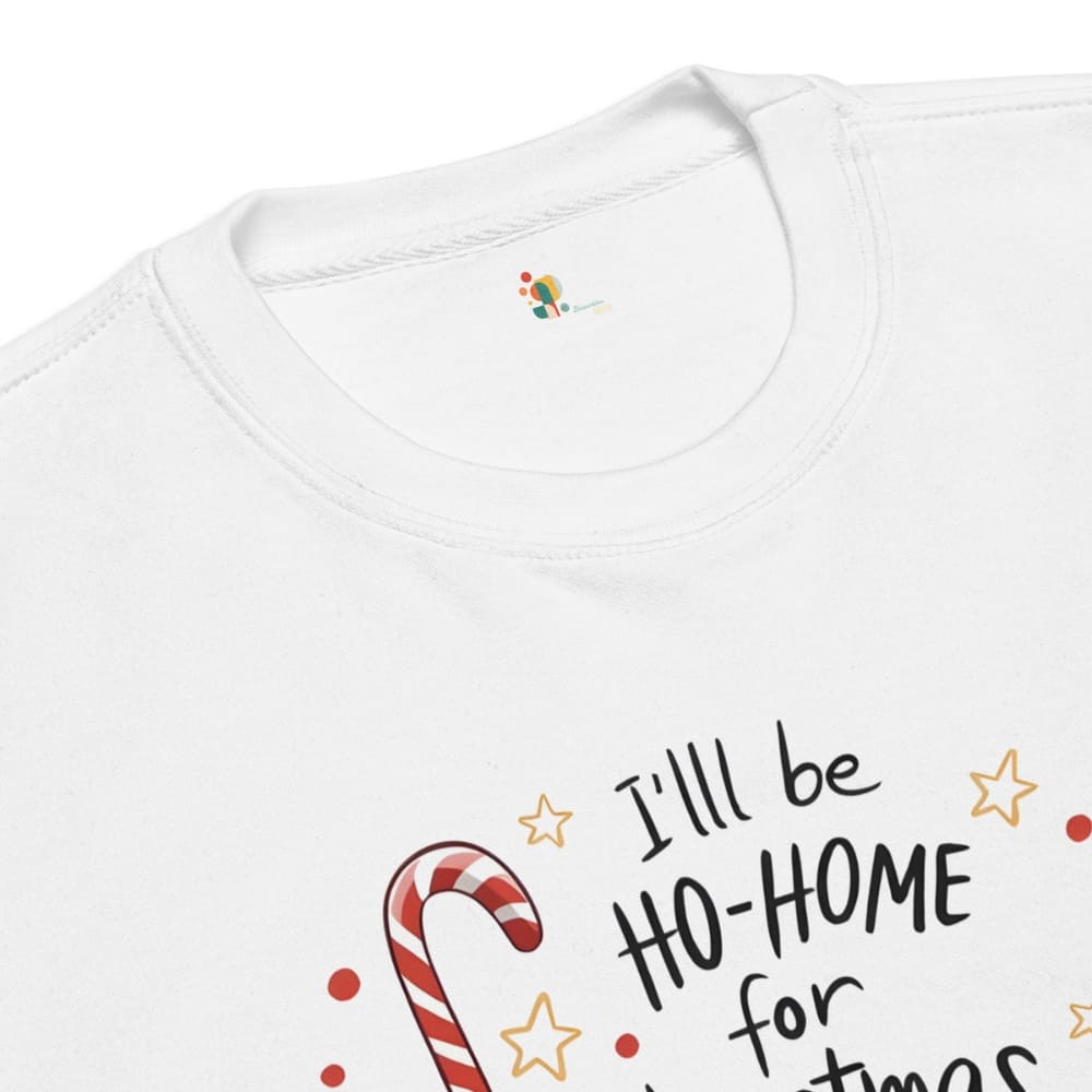 White shirt with Christmas-themed text and candy cane design on a white background