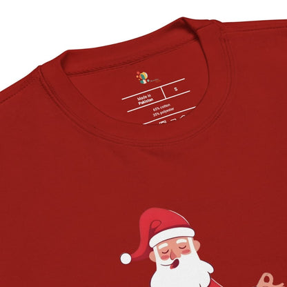 Red t-shirt with a cartoon Santa Claus design on a white background