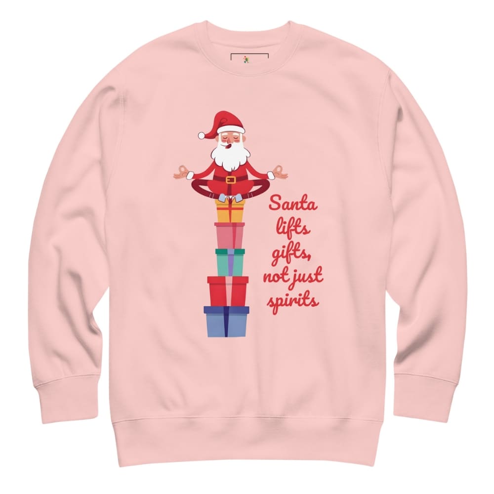 Pink sweatshirt with a graphic of Santa Claus and gift boxes on a white background