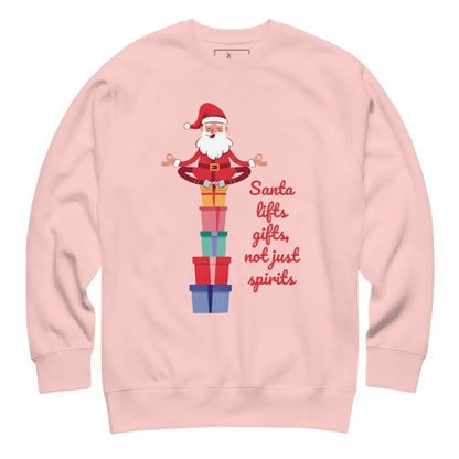 Pink sweatshirt with a graphic of Santa Claus and gift boxes on a white background