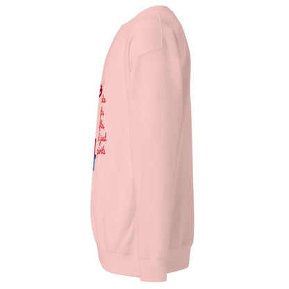 Pink sweatshirt with text and graphics on a white background