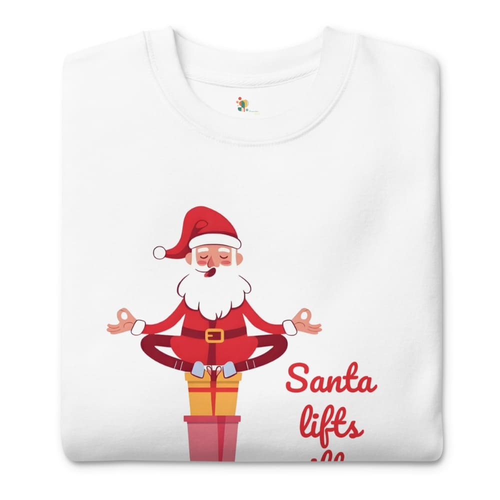 White t-shirt with a cartoon Santa Claus meditating on a gift, text 'Santa lifts weights', on a white background