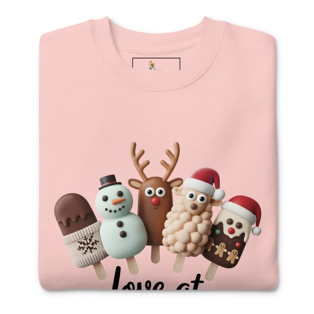 Pink sweatshirt with Christmas-themed ice cream cone characters on a white background