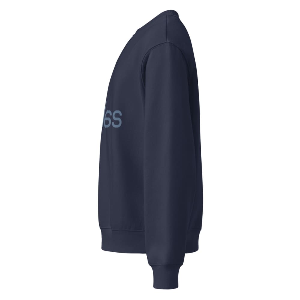 Navy blue sweatshirt with a logo on the sleeve against a white background
