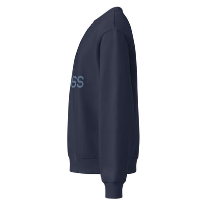 Navy blue sweatshirt with a logo on the sleeve against a white background