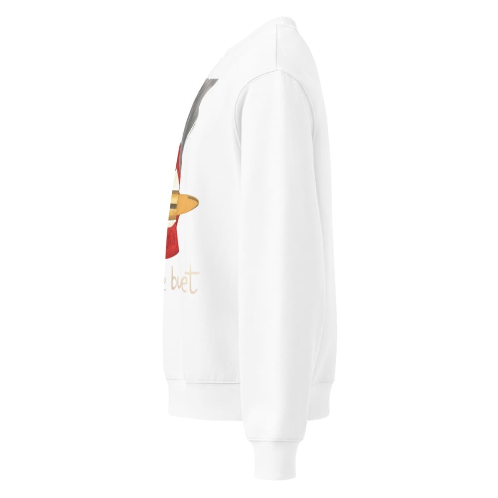 White hoodie with a cartoon character and text on the sleeve against a white background
