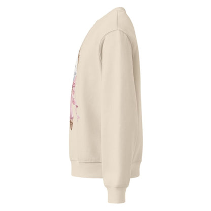 Beige hoodie with floral design on the sleeve against a white background