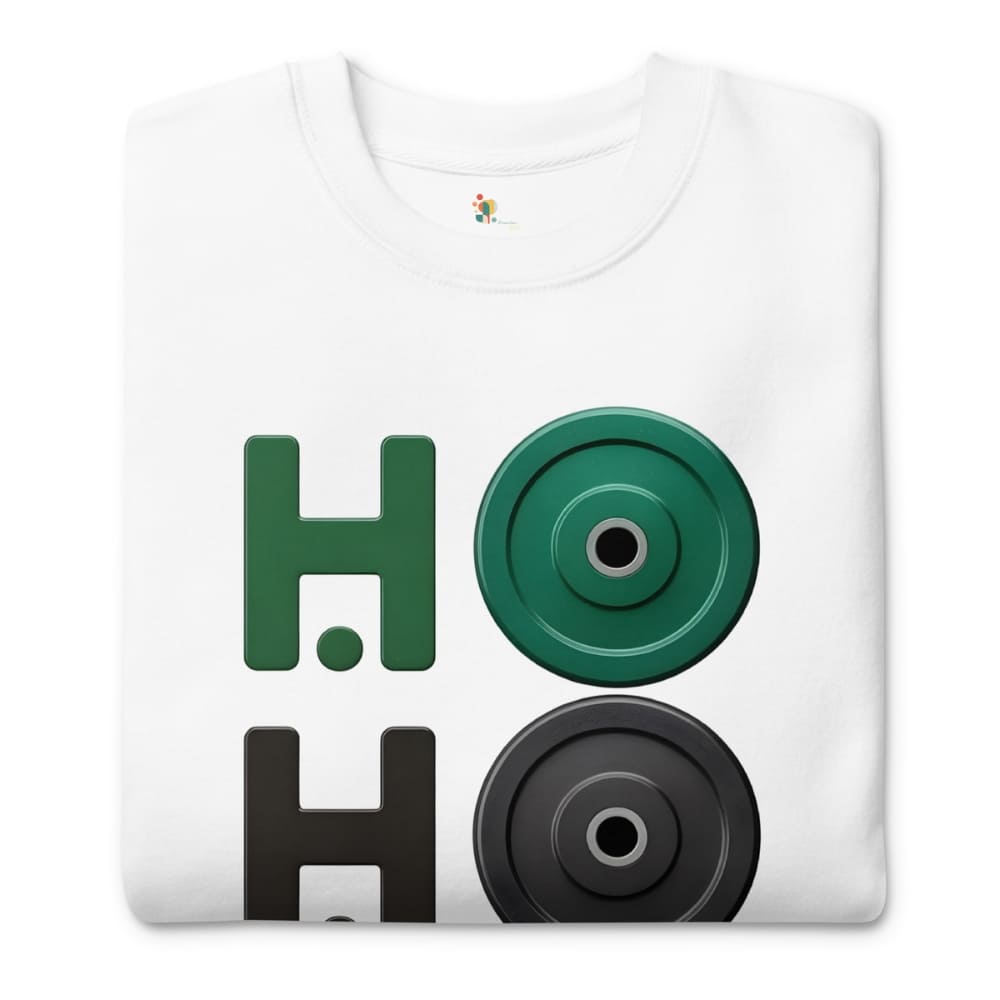 White t-shirt with green and black weightlifting wheels and 'HO' text on a white background