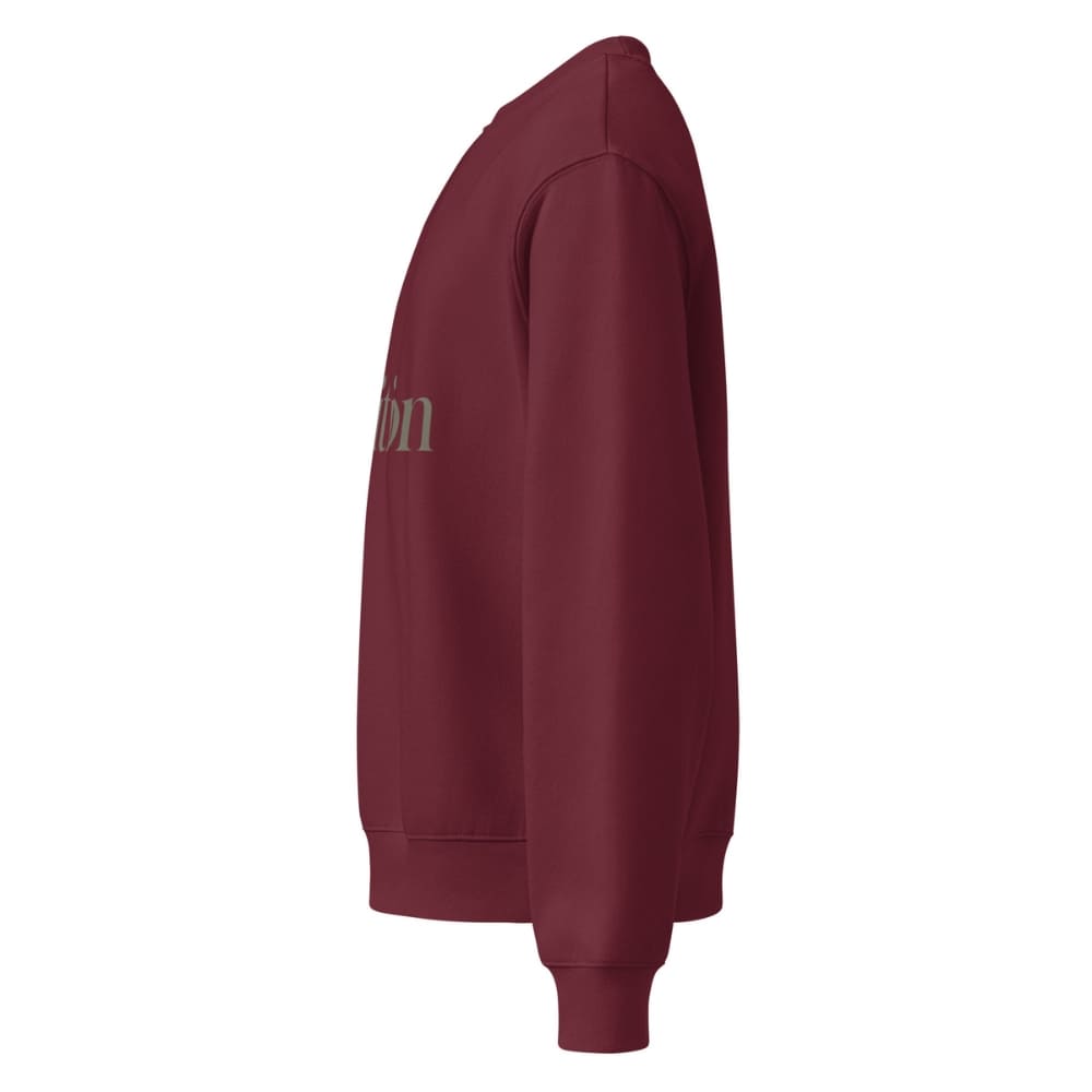 Maroon sweatshirt with text on the sleeve against a white background