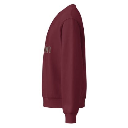 Maroon sweatshirt with text on the sleeve against a white background