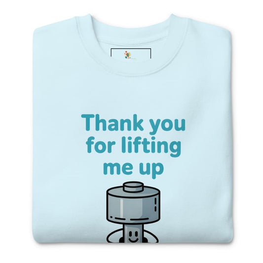 Light blue t-shirt with a cartoon character and text 'Thank you for lifting me up' on a white background