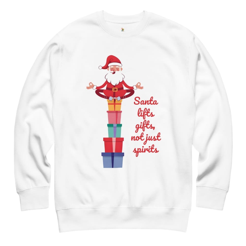 White sweatshirt with a graphic of Santa Claus and gift boxes, featuring text on a white background.