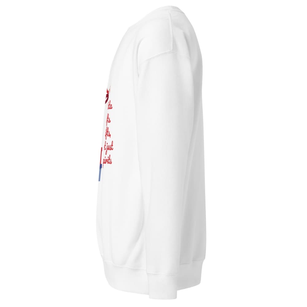 White sweatshirt with red and blue text on a white background
