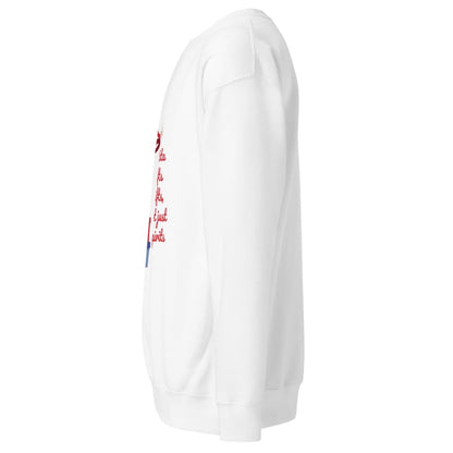White sweatshirt with red and blue text on a white background