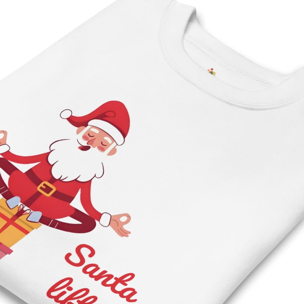White t-shirt with a cartoon Santa Claus design and 'Santa Lifer' text on a white background