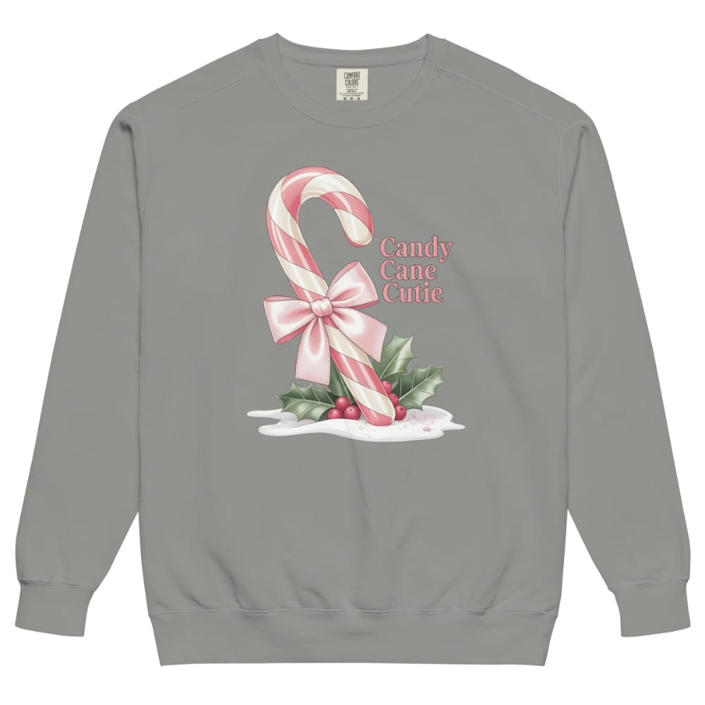 Gray sweatshirt with candy cane and bow design on a white background