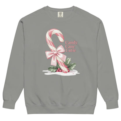 Gray sweatshirt with candy cane and bow design on a white background