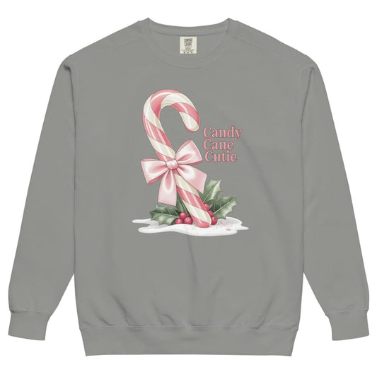 Gray sweatshirt with candy cane and bow design on a white background