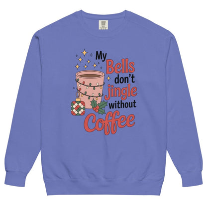 Blue sweatshirt with a festive coffee cup graphic and text on a white background