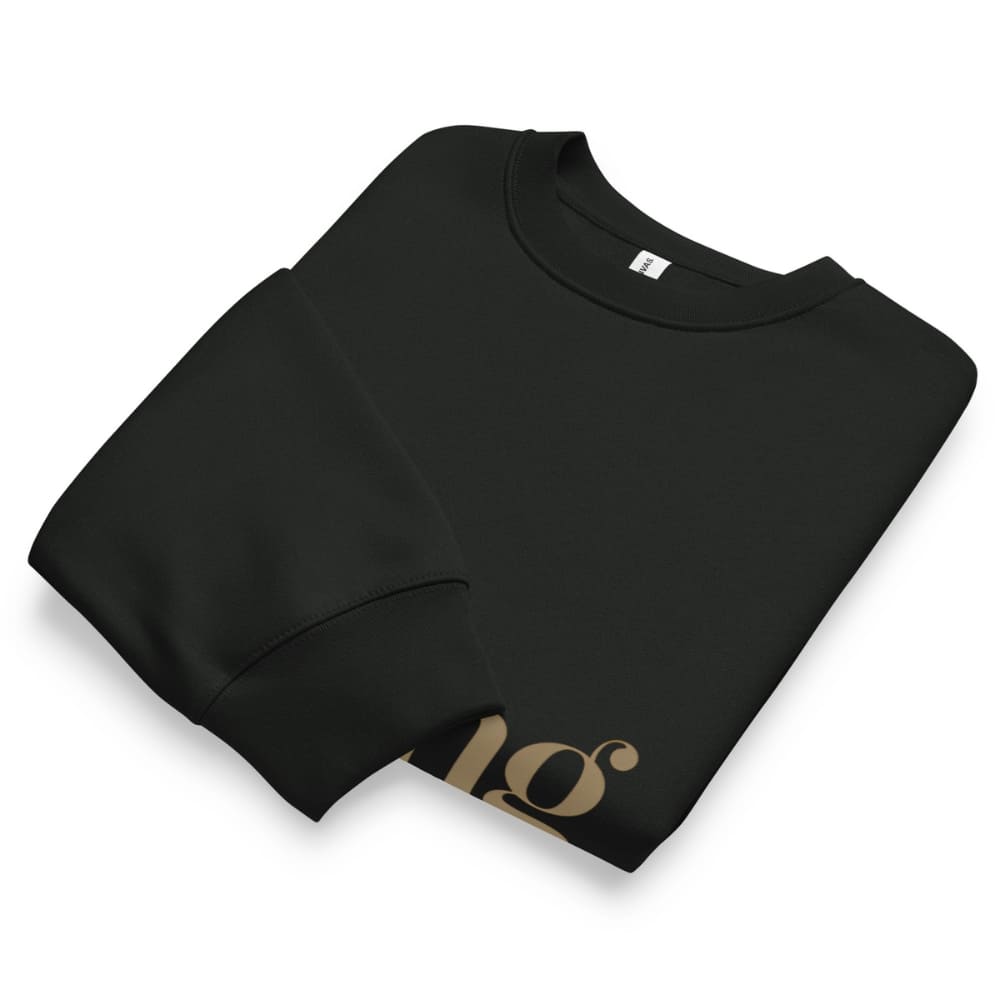 Folded black sweatshirt with a logo on a white background