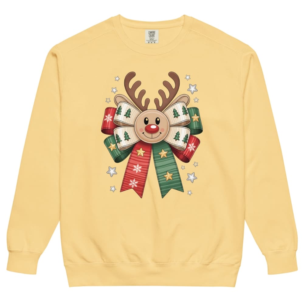 Yellow sweatshirt with a reindeer and bow design on a white background