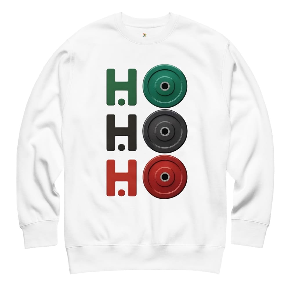 White sweatshirt with colorful 'HO HO HO' design on a white background