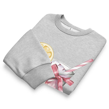 Gray sweatshirt with a colorful graphic design on a white background