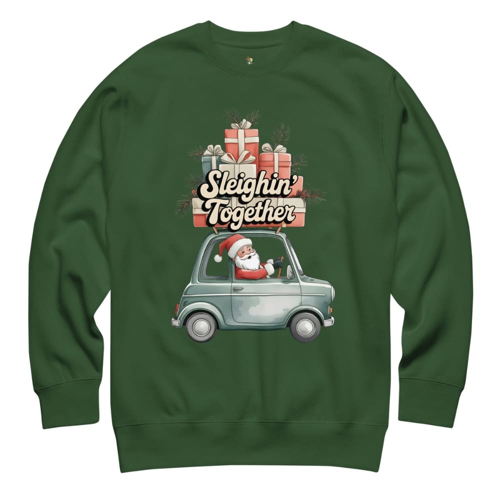 Green sweatshirt with Santa driving a car and 'Sleighin' Together' text on a white background