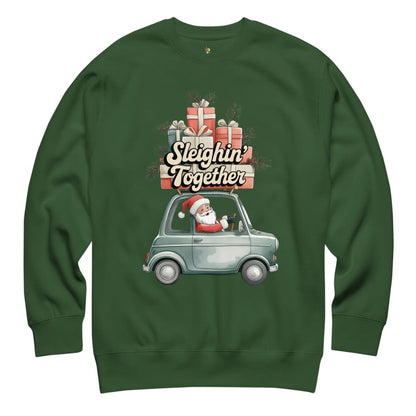 Green sweatshirt with Santa driving a car and 'Sleighin' Together' text on a white background