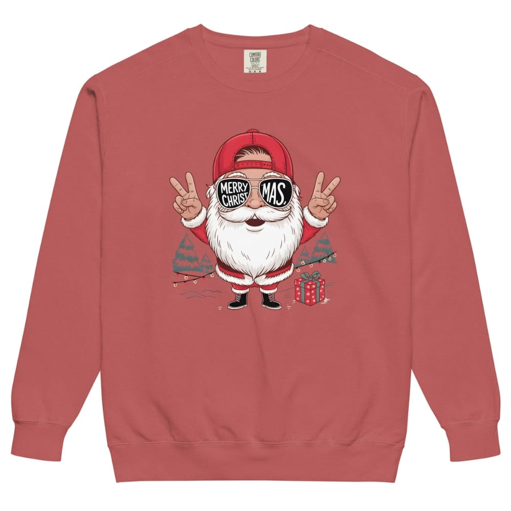 Red sweatshirt with a cartoon Santa Claus design on a white background