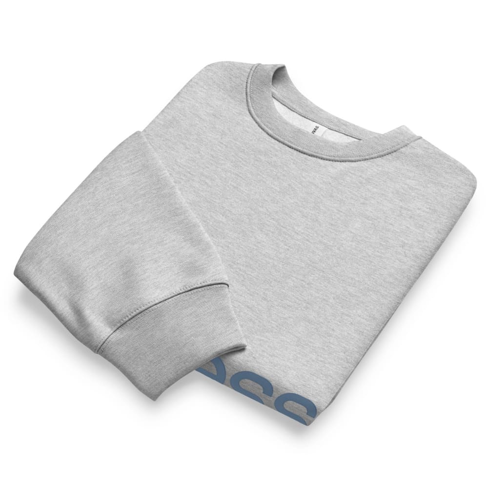 Folded gray sweatshirt with a brand logo on a white background