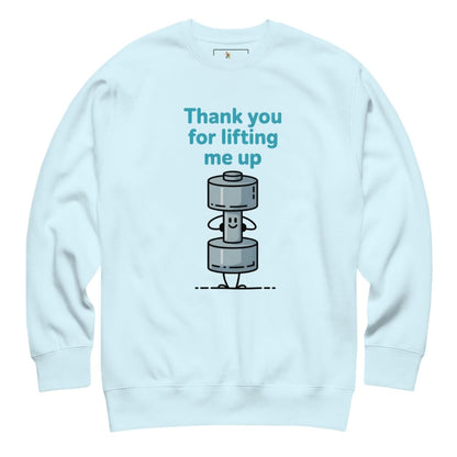 Light blue sweatshirt with a graphic and text on the back