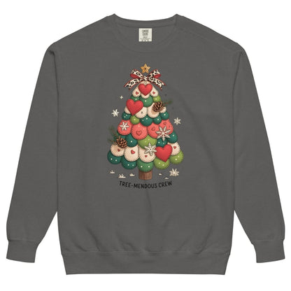 Gray sweatshirt with a Christmas tree design on a white background