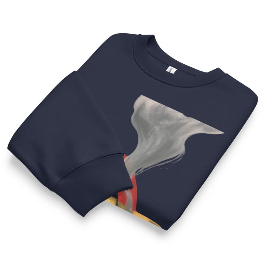 Navy blue sweatshirt with a shark design on a white background