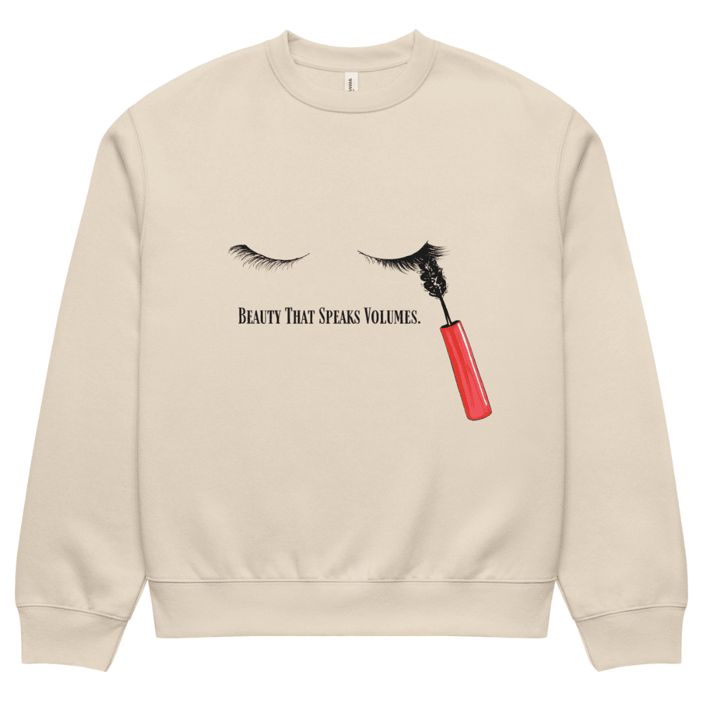 Beige sweatshirt with a graphic of a red lip gloss and text 'Beauty That Speaks Volumes' on a white background