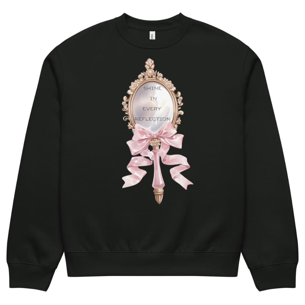 Black sweatshirt with a decorative mirror and bow design on a white background