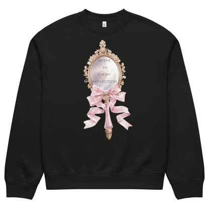 Black sweatshirt with a decorative mirror and bow design on a white background