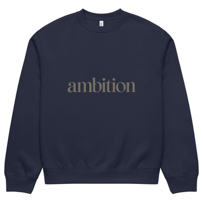 Navy blue sweatshirt with 'ambition' text on a white background