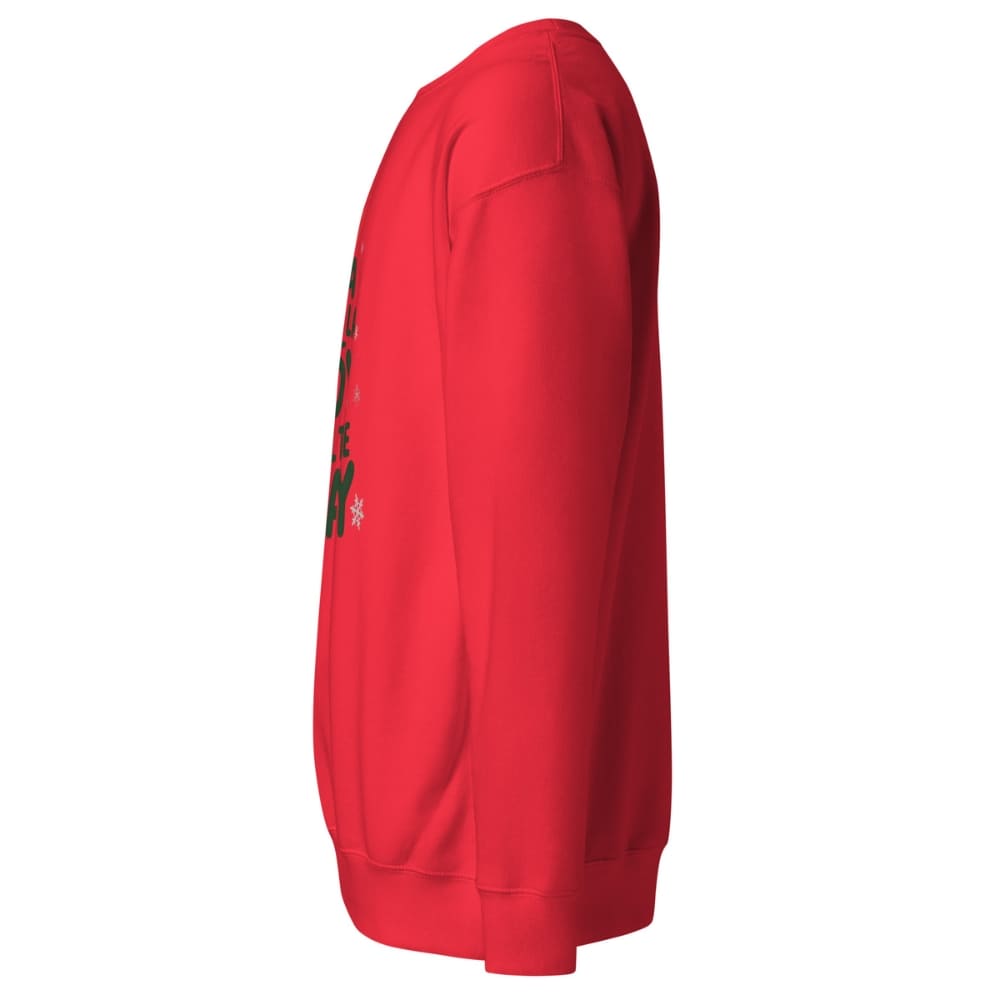 Red sweatshirt with black and white design on a white background