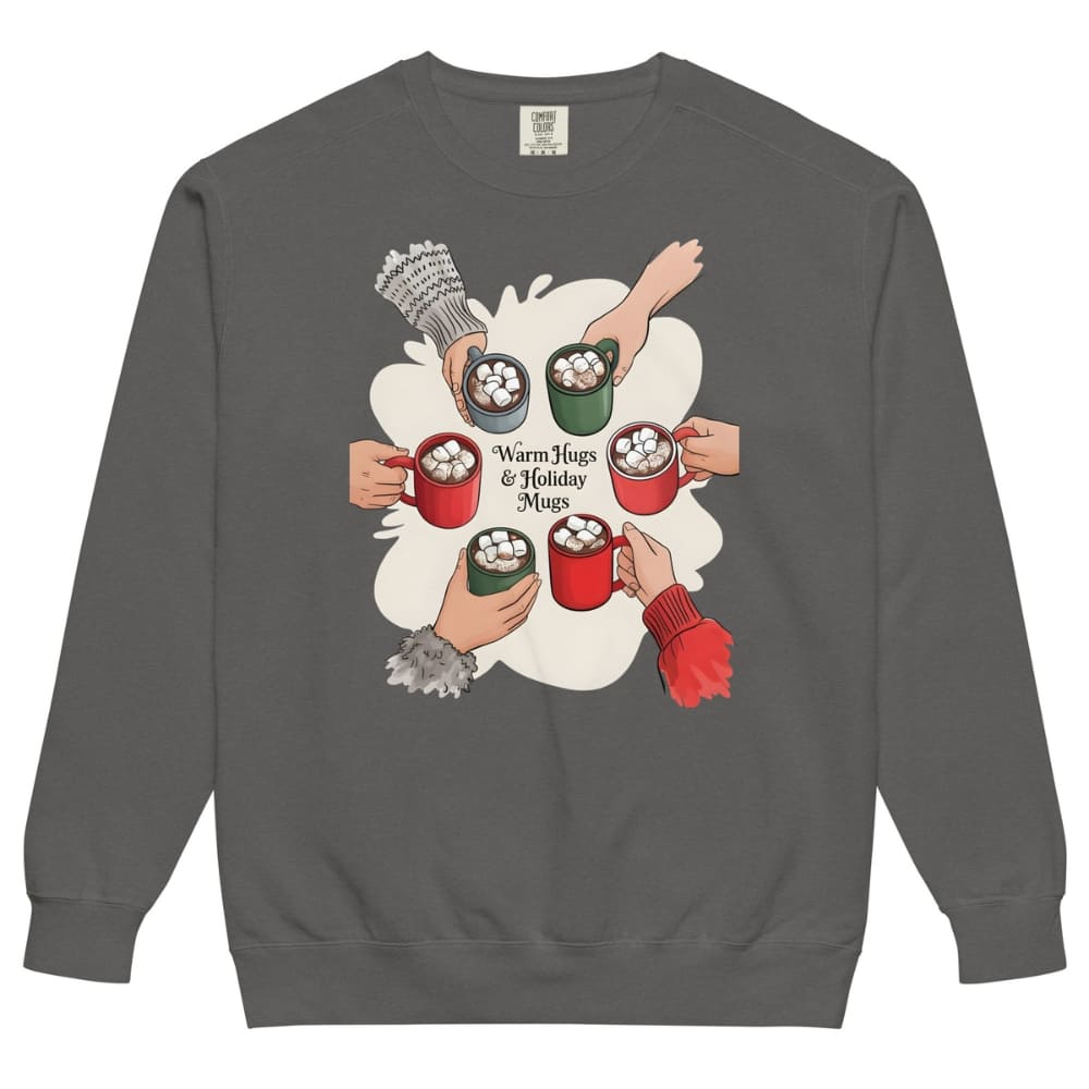 Gray sweatshirt with a graphic of hands holding mugs and marshmallows on a white background