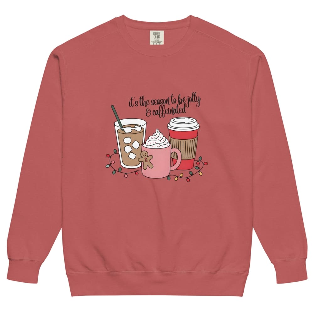 Red sweatshirt with coffee-themed graphic and text on a white background