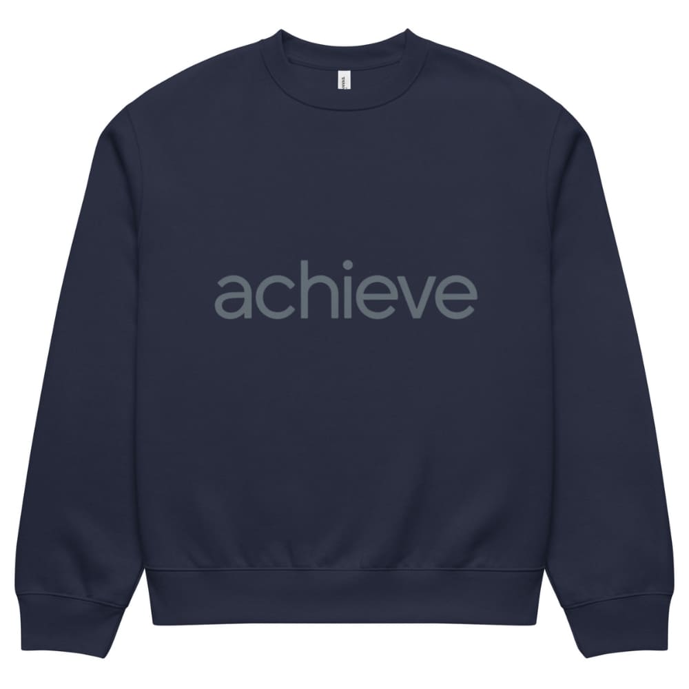 Navy blue sweatshirt with 'achieve' text on a white background