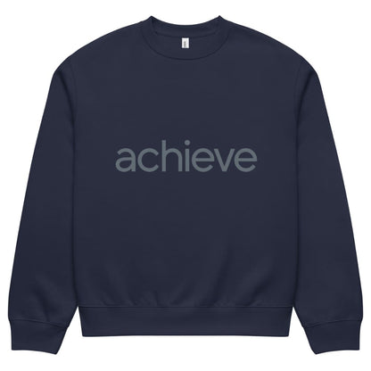 Navy blue sweatshirt with 'achieve' text on a white background