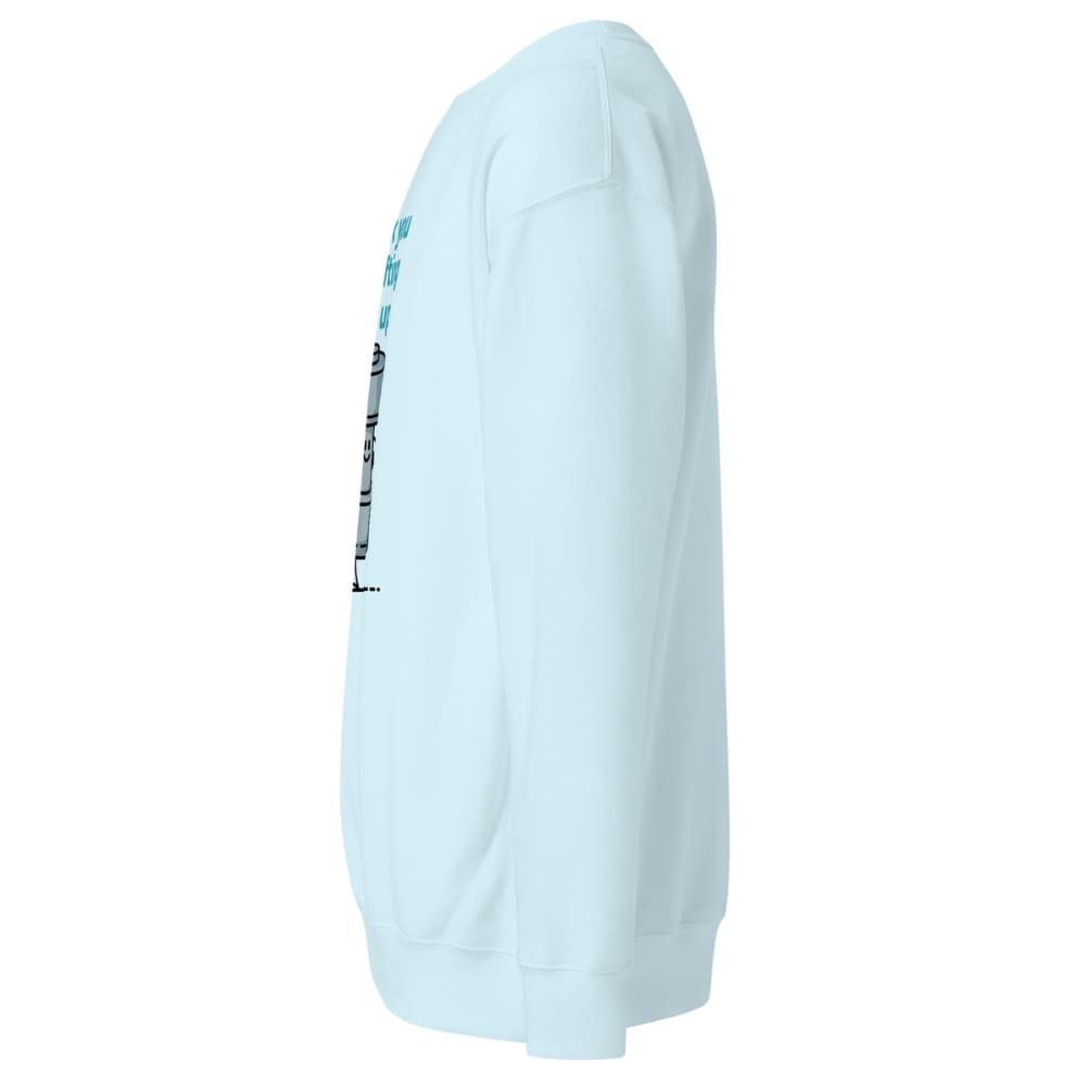 Light blue hoodie with a small graphic on the sleeve against a white background