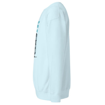 Light blue hoodie with a small graphic on the sleeve against a white background