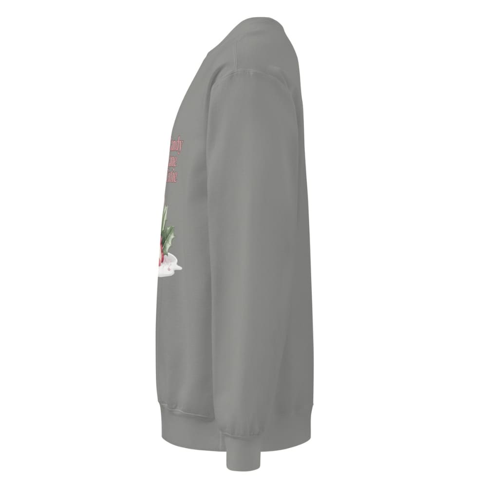 Gray sweatshirt with floral design on sleeve against a white background