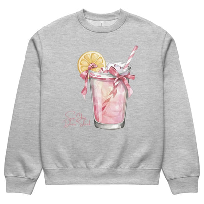 Gray sweatshirt with a graphic of a pink drink with a lemon slice and straw on a white background