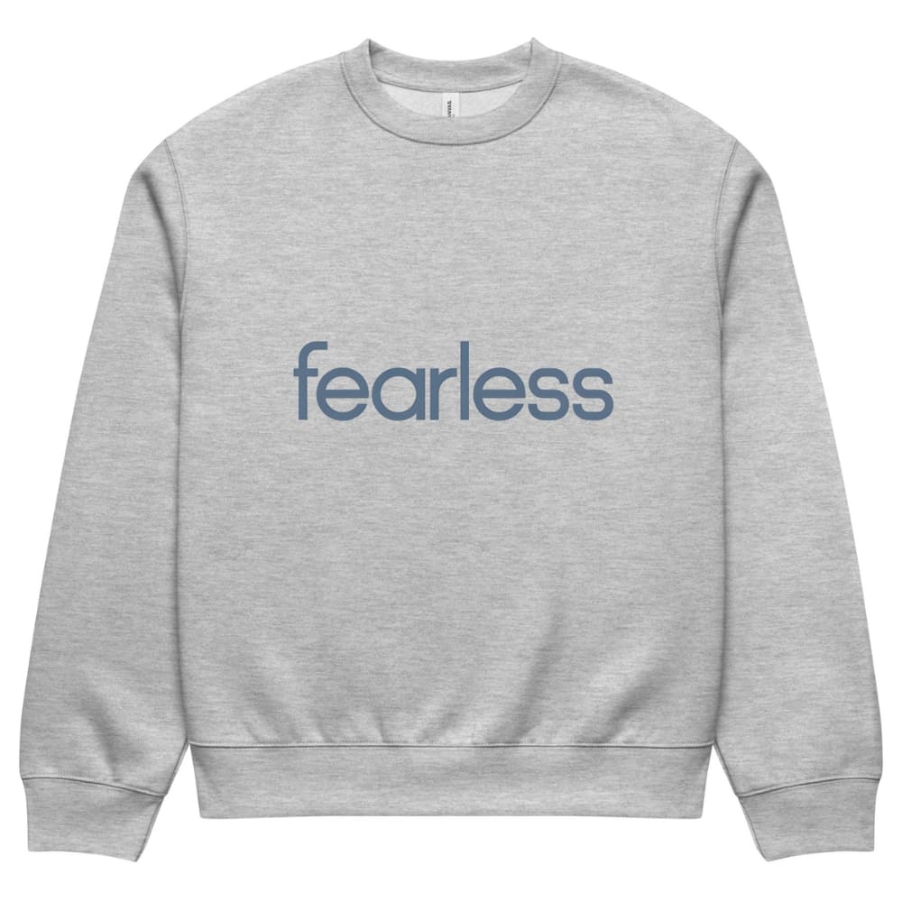 Gray sweatshirt with 'fearless' text on a white background