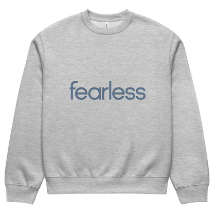 Gray sweatshirt with 'fearless' text on a white background