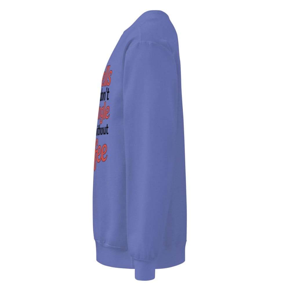 Blue sweatshirt with text on the sleeve against a white background